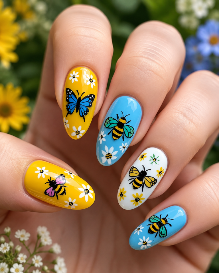 Colorful Bee and Butterfly Nail Art: A Bright Floral Manicure for Summer