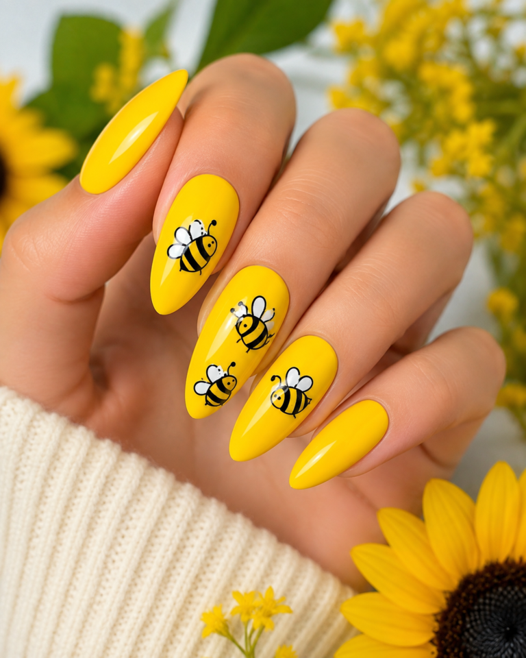 Bee Nail Designs: Bright Yellow Nails with Cute Bumblebee Art