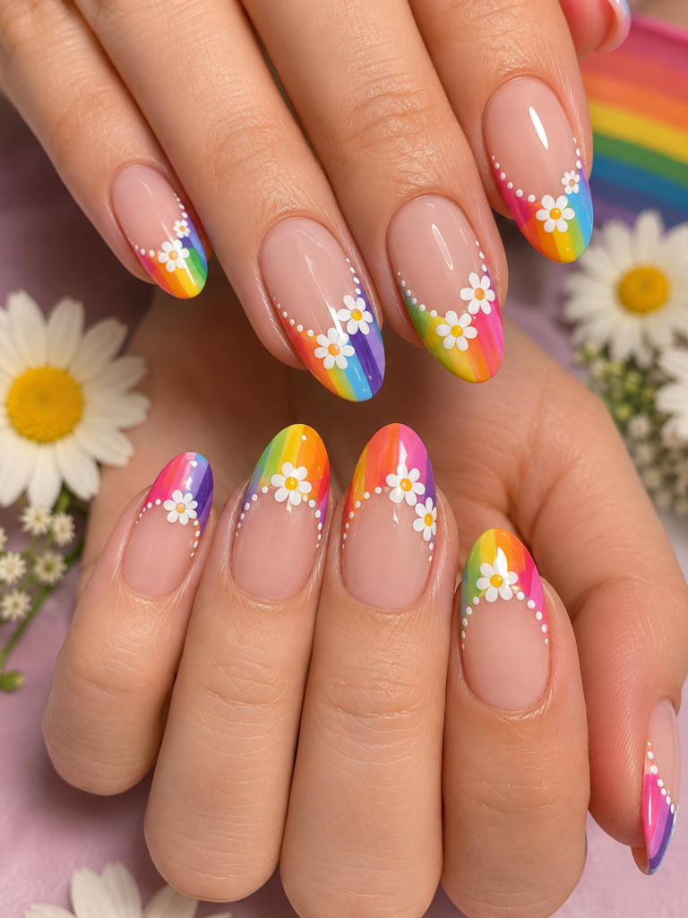 Rainbow Daisy Nail Designs: Colorful French Tips for a Fun Summer Manicure